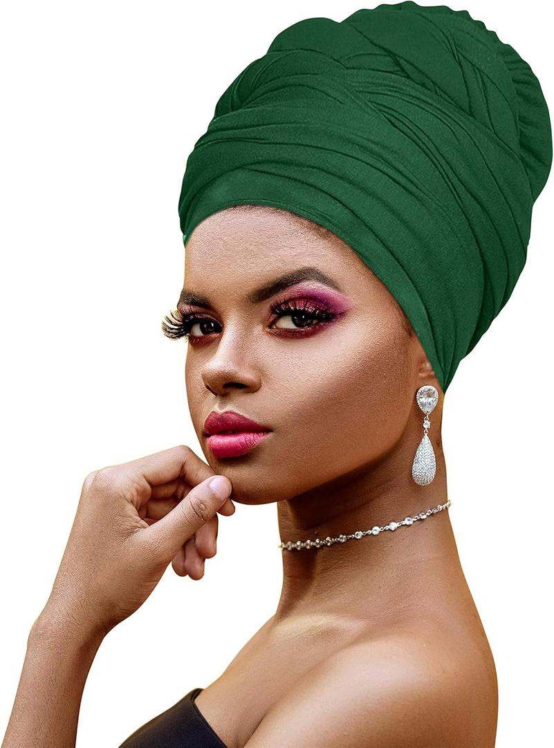 Ankara African Print Soft Headwraps Headband Long Hair Head Wrap Scarf Turban Tie Jersey Knit African head wraps (1pc Green)