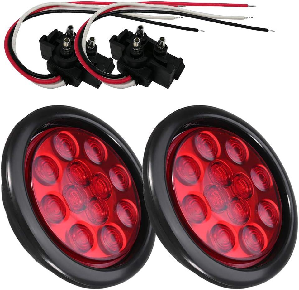 NEW SUN 2Pcs High Bright 4" Round LED Trailer Tail Lights Kit, Stop Turn Reverse and Fog Backup Lights, Universal Fit, Waterproof, Grommet 3-Prong Plug & Play, for Truck Trailer RV, Easy to Install (Red)