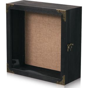 11x11 Inch Deep Shadow Box Frame 4.5" Depth, Black Solid Wood Display Case with Acrylic Door, Vintage Metal Corners, Memory Box for Medals Photos Coins Awards Wedding Keepsakes Military Memorial Gifts