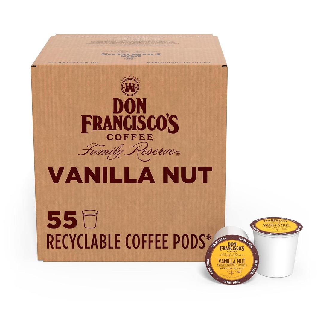 Don Francisco's Vanilla Nut Flavored Coffee Pods, 55 Count, Medium Roast, Compatible with Keurig Brewers (EXP 08/24/27)