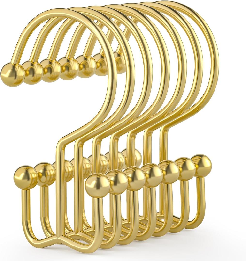 Goowin Shower Curtain Hooks, 12 Pcs Shower Curtain Rings, Durable Gold Shower Curtain Hooks, Double Glide Shower Curtain Rings Rust Proof, Simple Shower Hooks for Shower Curtain & Liner, Gold (Classic - 12 Pack)