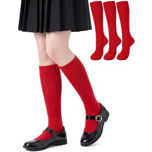 3 Pairs Kids Girls Knee High Socks Cotton Uniform School Dress Socks Seamless Toe (Red)
