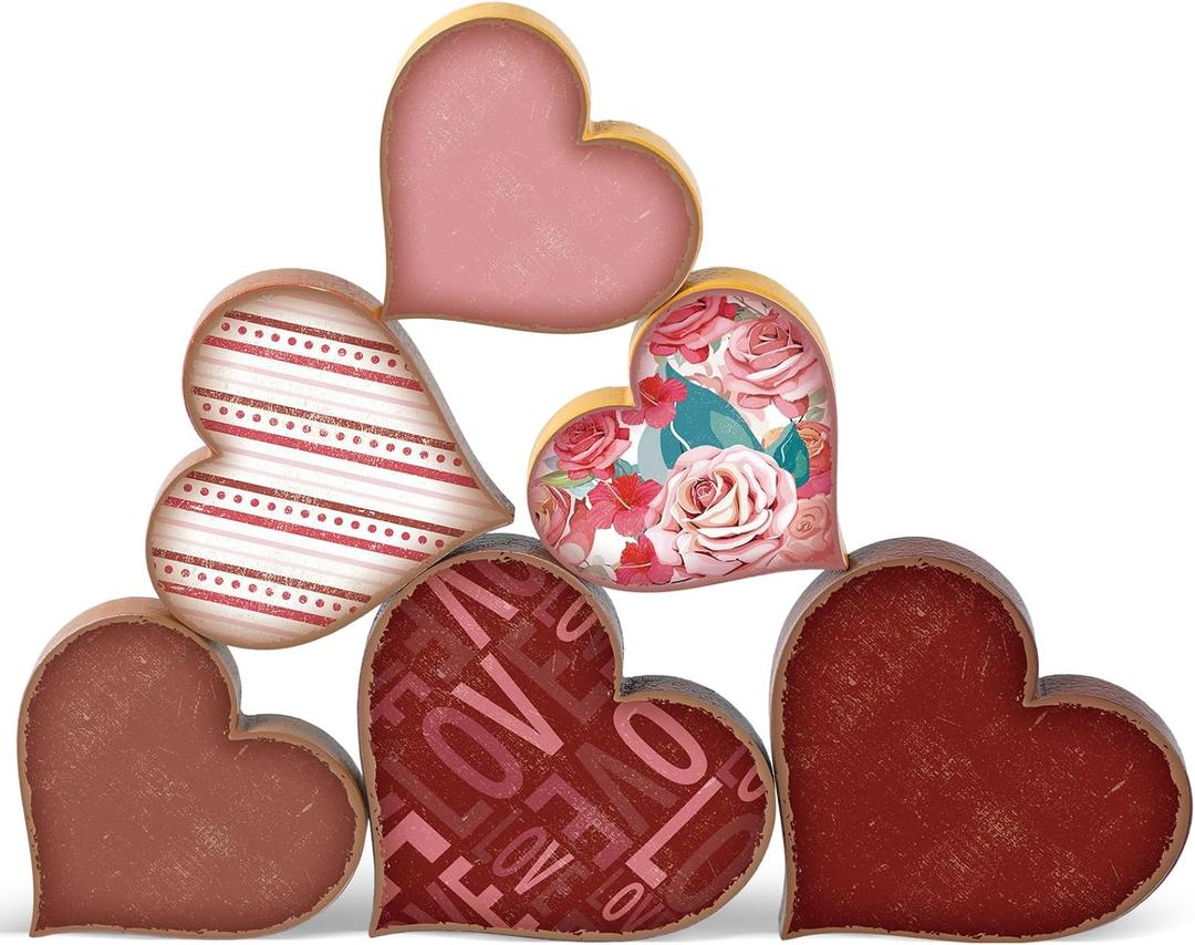 Yousoontic 6 Pcs Valentine's Day Rustic Wooden Heart Table Sign Love Heart Shape Tabletop Centerpiece Red Pink White Farmhouse Tiered Tray Decor for Wedding Birthday Party Supplies