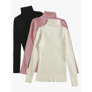 WDIRARA Women's 3Pcs Textured Turtleneck Ribbed Sweater Stretch Long Sleeve Casual Slim Fit Sweater Tops Size Medium