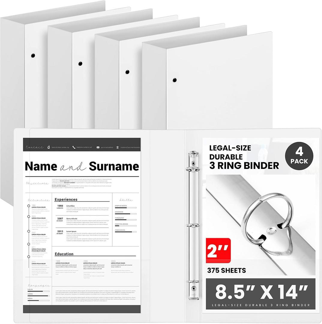 Henoyso 4 Pcs 8.5" x 14" Legal Size Binder, 3 Ring, 2 Inch, White