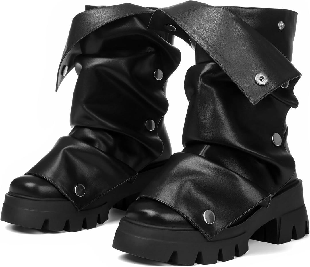 Celbreez Slouchy Boots for Women Fold Over Platform Boots Round Toe Pull On Leather Goth Boot Punk Mid Calf Chunky Stacked Heel 2025 Button Party Shoes Combat Motorcycle Boot (Black) Size 9.5
