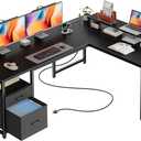 PRAISUN 55 Inch L Shaped Desk with Power Outlets and USB-C Port, Computer Corner Home Office Desk with File Fabric Drawers and Movable Monitor Stand, Larger Storage for Gaming, Work, Black