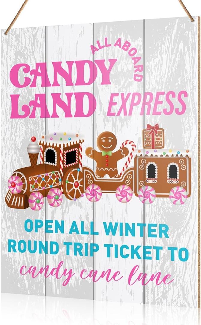 Christmas Decorations Hanging Sign, Christmas Bakery Decor Rustic Gingerbread Holiday Decorations Xmas Wooden Wall Sign, Candy Land Express