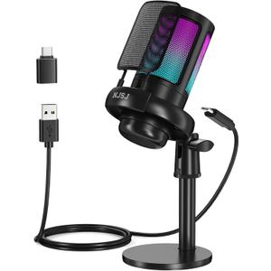 NJSJ USB Microphone for PC, Gaming Mic for PS4/ PS5/ Mac/Phone,Condenser Microphone with Touch Mute, RGB Lighting,Gain knob & Monitoring Jack for Streaming,Podcasting (with Desktop Stand, Black)