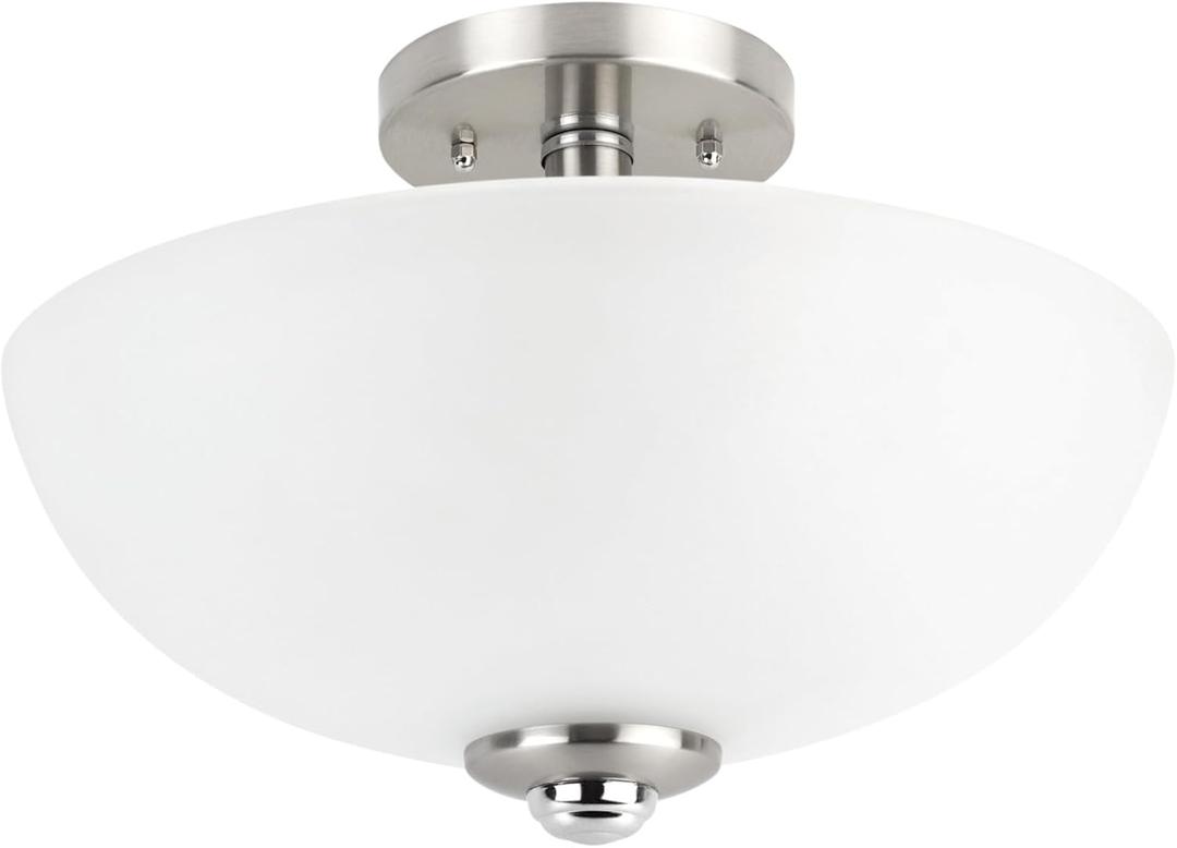 GLOBE Electric 63357 2-Light Semi-Flush Mount Ceiling Light, Brushed Nickel, Chrome Accents, Frosted Glass Shade, Lighting for Kitchen, Bathroom, Bedroom, or Dining Room, Home Decor
