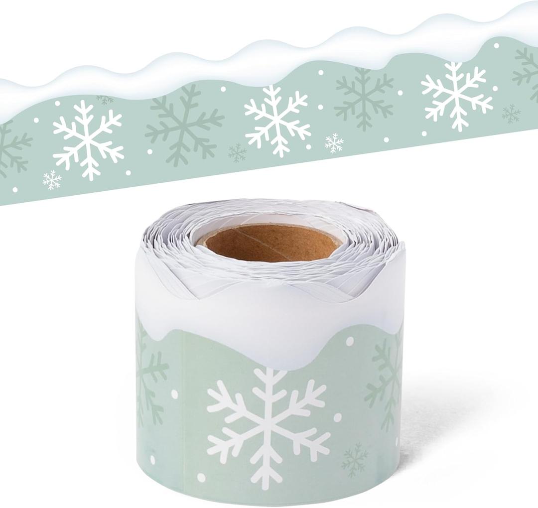 3 x BeYumi Winter Snowflake Border Trim - 65ft Winter Christmas Sage Green White Snowflake Scalloped Rolled Border Trim Bulletin Board Borders School Classroom Door Home Office Chalkboard Party Decoration, 8" x 78"