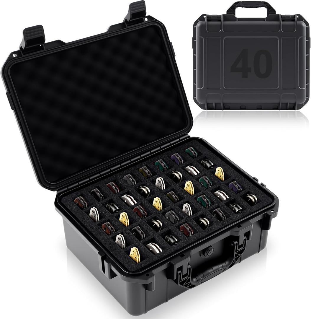 Bucherry 40 Folding Knife Case Waterproof Pocket Knife Holder Hard Sided Knives Storage Box Lockable Protective Travel Storage Organizer for Folding Knives Collection (14.4 x 11.6 x 6.3 Inch, black)