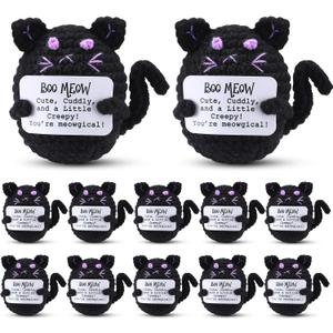 Pinkunn 12 Pcs Positive Cats Crocheted Gift Bulk Small Black Kitty with Inspirational Cards for Women Coworkers Birthday Valentines Holiday Party Favor Home Office Table Decor