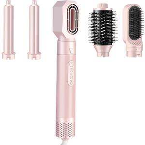 High-Speed 5 in 1 Hair Styler with Auto Curling Iron, Straightener & Volumizing Hot Air Brush |Fast Drying Ionic Blowout, No Heat Damage | Travel & Home Styling Tool (Pink)