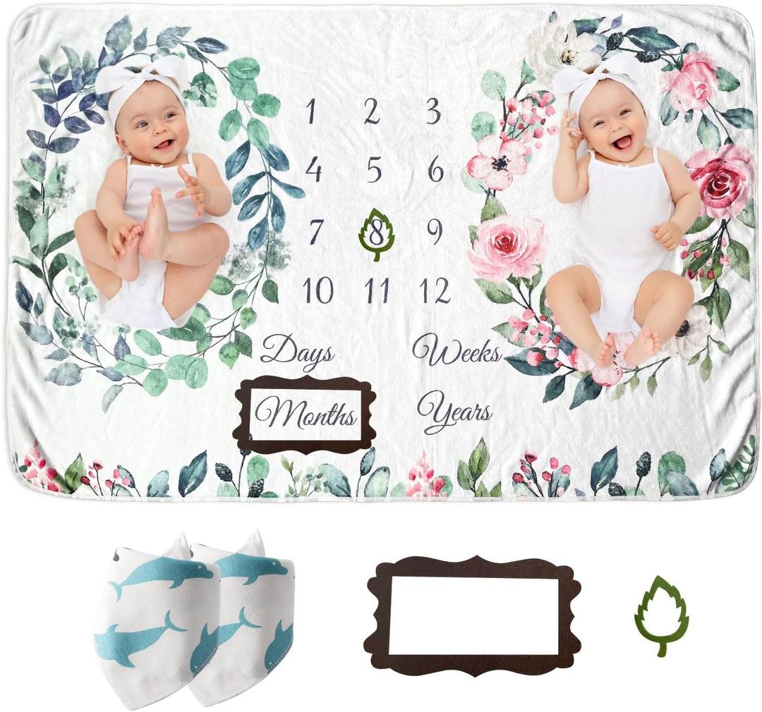 Twins Baby Milestone Blanket for Boys & Girls, Premium Flannel Photography Background Prop Blankets, Neutral Boho Floral