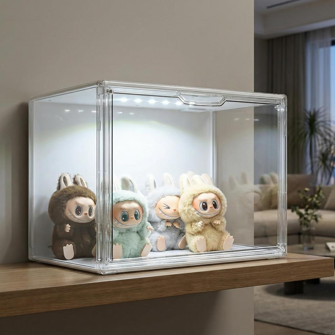 GUDEMAY Clear Showcase with Light, Stackable Acrylic Display Case for Collectibles, Figures, Shoes, Toys & Jewelry, Dustproof Storage Box - Support Voice Control Lighting
