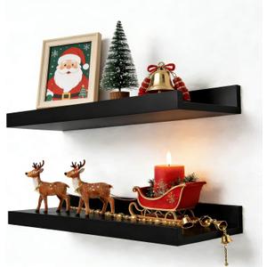 Black Floating Shelves for Wall Decor, Wall Mounted Wood Storage Shelf for Bedroom, Living Room, Bathroom, Kitchen, Nursery, Display Picture Ledge Shelf with Lip Set of 2-14 Inches, Black (13.6in)