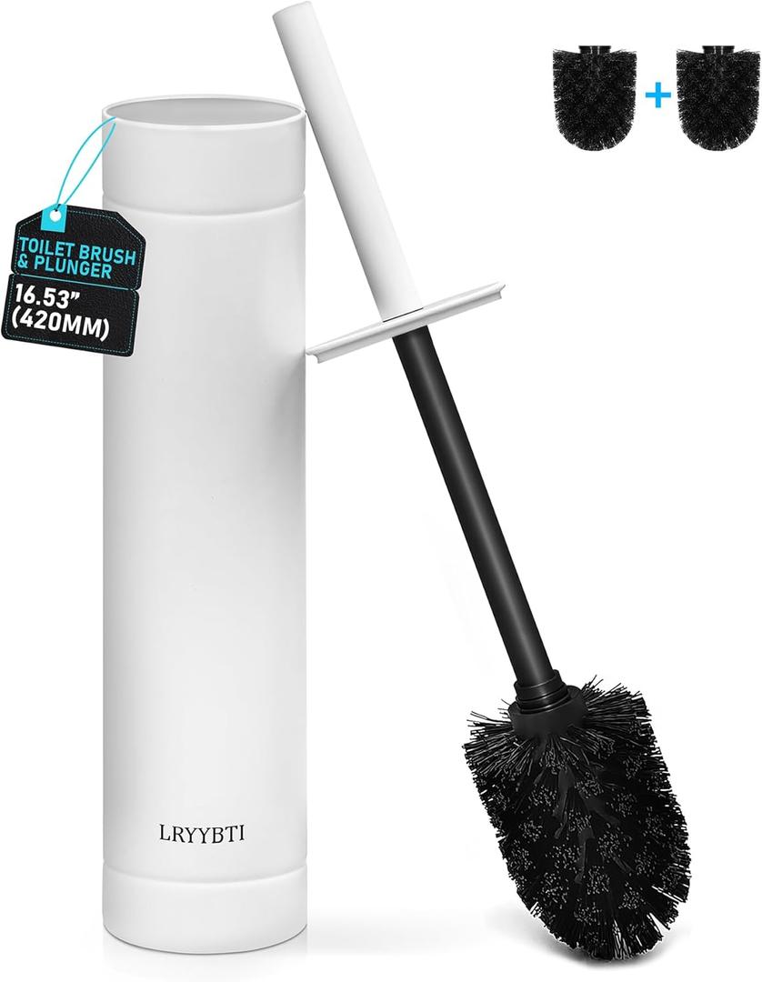 304 Stainless Steel Toilet Bowl Brush with Holder, 2 Black Bristle Heads- Toilet Scrubber and Covered Holder, Toilet Brushes for Bathroom-Space Saving, Covered Brush, Deep Cleaning (White)