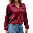 FLEX, Women Elegant Satin Blouses Shirts, Soft Silk Shirts Top, Satin Button Down Shirts, Office Long Sleeve Blouse Shirt, Size 2XL, Burgundy 