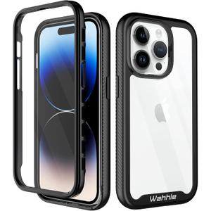 wahhle Compatible with iPhone 14 Pro Case, Full-Body Protection Phone Cover with Screen Protector Built-in, Touch Sensitive, Anti Scratch Shockproof TPU Bumper Case for 14 Pro 6.1 Inches-Black/Clear