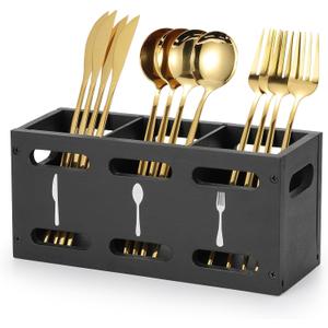 2 x Grey Washed Mango Wood Flatware Caddy with Metal Handles - 3 Compartment Organizer Box for Silverware, Sauce Spoon, Tongs and More (BLACK)