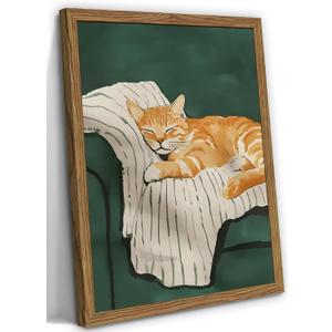 Funny Cat Wall Art Cute Cat Sleeping on Couch Wall Decor Painting Orange Pet Kitty Portrait Pictures Prints Contemporary Animal Canvas Artwork for Bedroom Living Room 12x16 inch Wood Framed
