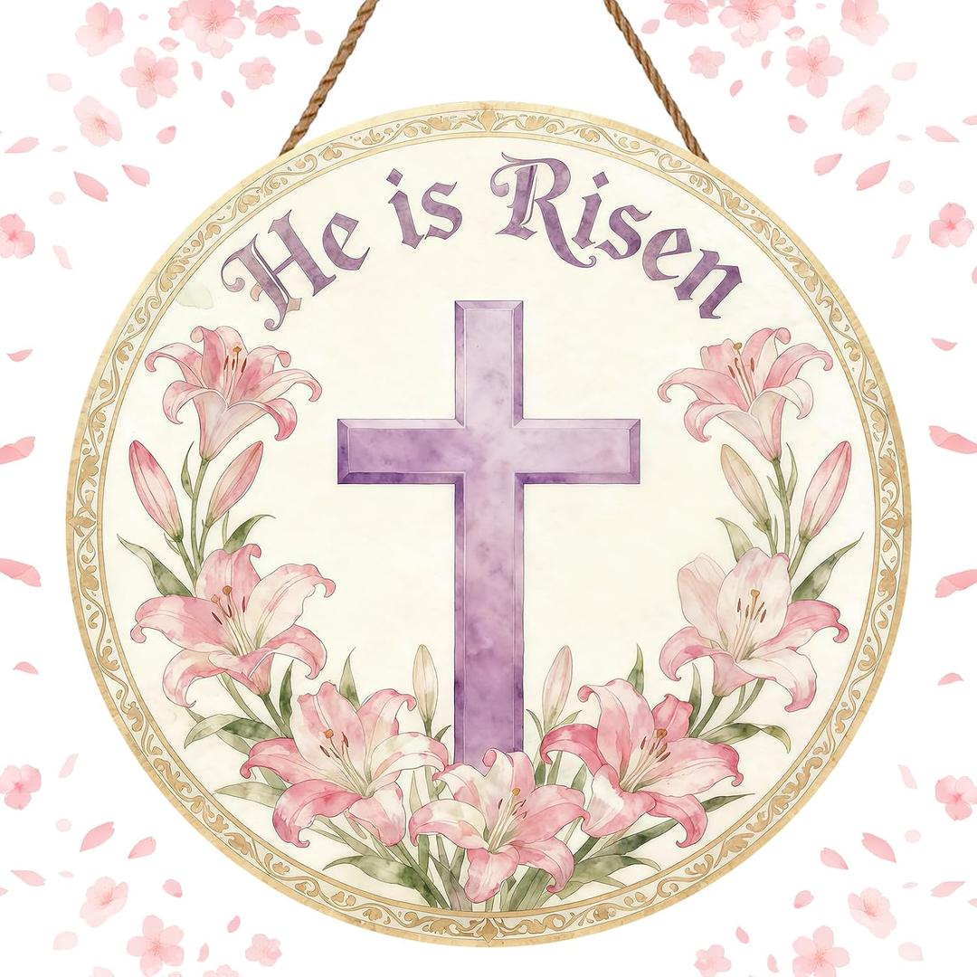 Easter Day Door Sign Wooden Hanging Decor with Rope He is Risen Lily Flowers Religious Cross Easter Door Hanger for Front Door Porch Home Wall Decor Party Outdoor Indoor Easter Day Decor