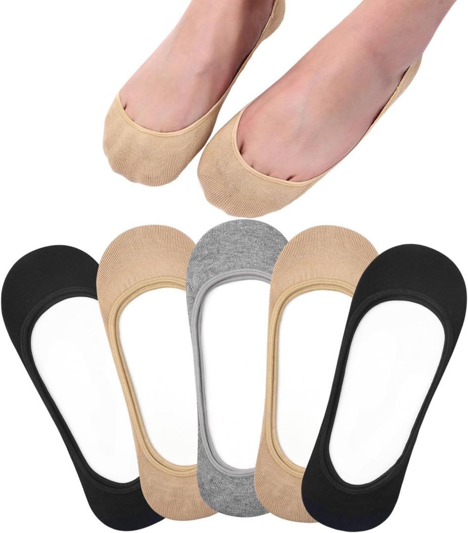 Toes Home No Show Socks Womens, Ultra Low Cut Liners Non Slip Footies for Flats Hidden Invisible Boat Summer 3 to 8 Pairs (6-9, 5 Pairs Nude+black+grey)