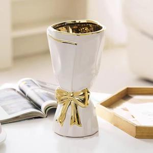 White and Gold Vase, Bow Vase for Home Decor, White Flower Vases for Boho Style, 9.65 Inch Large Vases for Ideal Table Decor, Ceramic Bouquet. Glazed Exterior and Interior (White, Large)