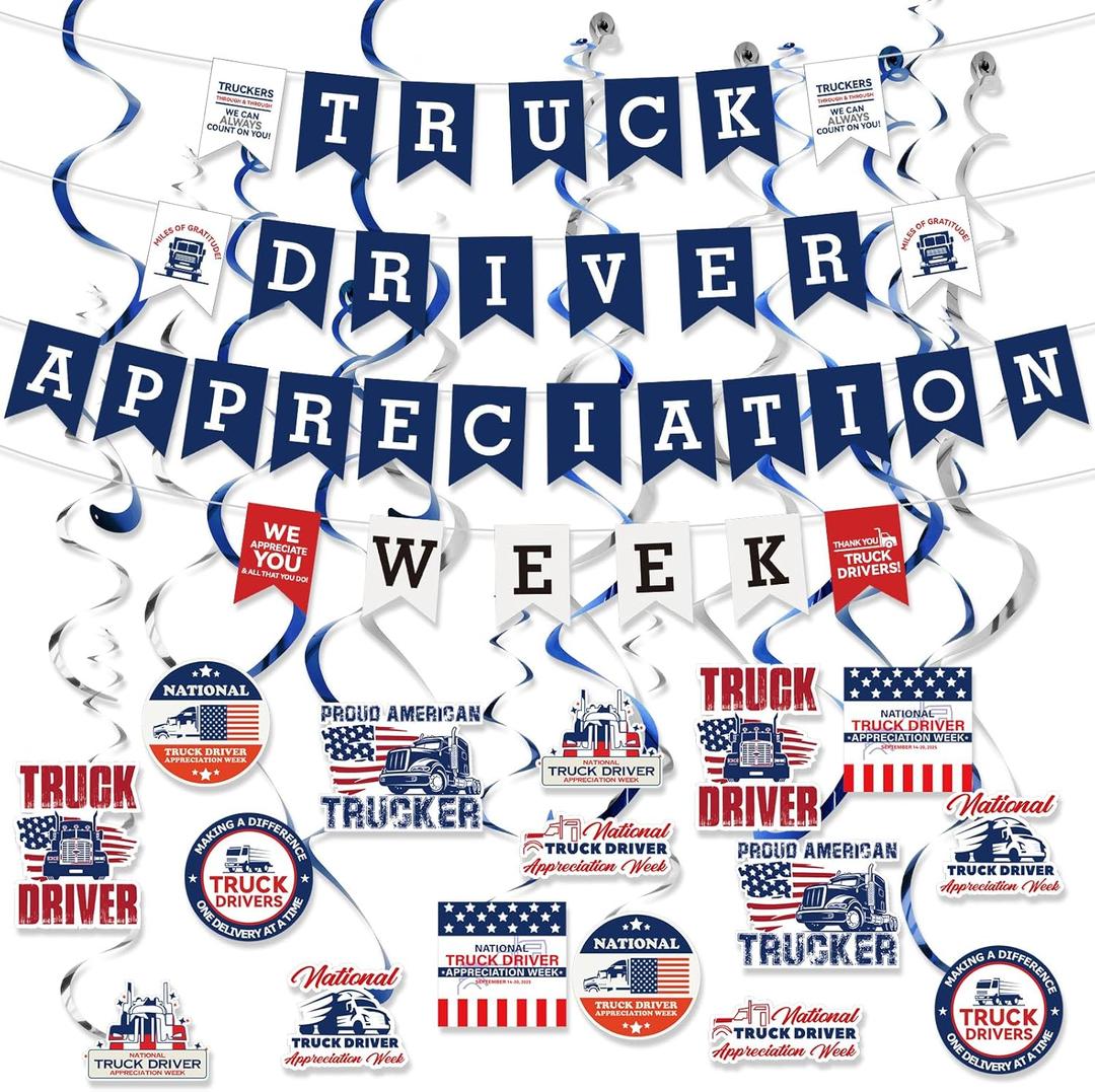 Supervitae 51 Pcs Truck Driver Birthday Party Decorations Semi Truck Appreciation Week Construction Party Banner Hanging Swirls Wall Holiday Transportation Theme Celebrating Events for Men Supplies