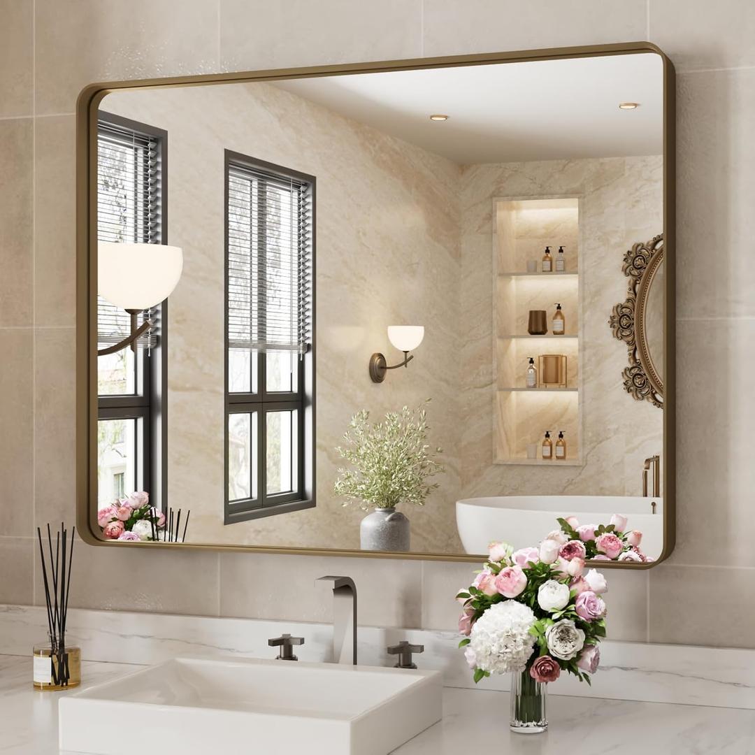 WEER Bronze Bathroom Wall Mirror, 40x32 Inch Oil Rubbed Bronze Vanity Mirror, Farmhouse Bronze Mirror with Aluminum Alloy Brushed Metal Frame, Tempered Glass, Anti-Rust (Horizontal/Vertical)