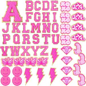 Geosar 54 Pcs Self-Adhesive Chenille Letters Patches Glitter Rainbow Preppy Cute Sew Patches Christmas Letter Craft for DIY Clothing Backpack Bag, (2.17 Inch, Rose Red Letter)