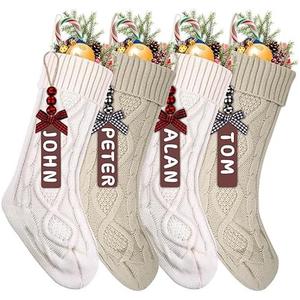 XIMISHOP 4PCS Christmas Stockings, 18inch Large Personalized Cable Knitted Xmas Hanging Stocking Decorations with Name Tags for Holiday Christmas Party Family Decor (Khaki and White)