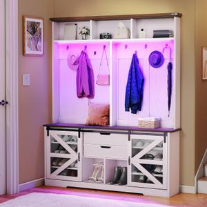 YITAHOME Hall Tree with Bench and Shoe Storage, Hallway Tree with Adjustable RGB LED Light, Sliding Barn Doors and 10 Hooks, Coat Rack for Front Door Entrance Entryway Mudroom, White & Walnut