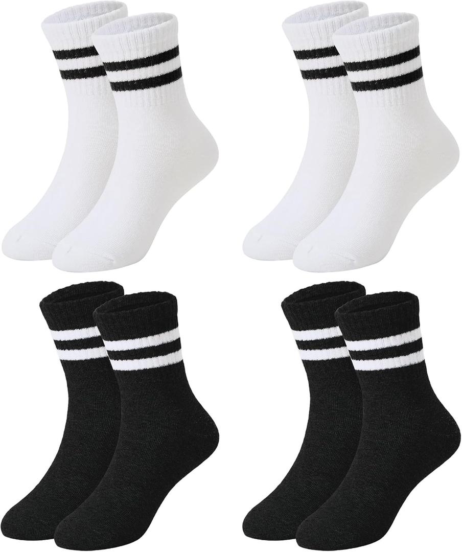 American Trends Kids Athletic Boys Girls Crew Socks Toddler Striped Socks School Uniform Socks 4 Pairs  (6-8 Years, Black and White)