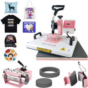 BetterSub Heat Press 12‘’ x15‘’ Combo 5 in 1 Heat Press Machine for T-Shirt Mug Hat Plate Cap Pattern Printing Heat Transfer Digital Industrial-Quality Sublimation Machine 360 Degree Swivel Pink White