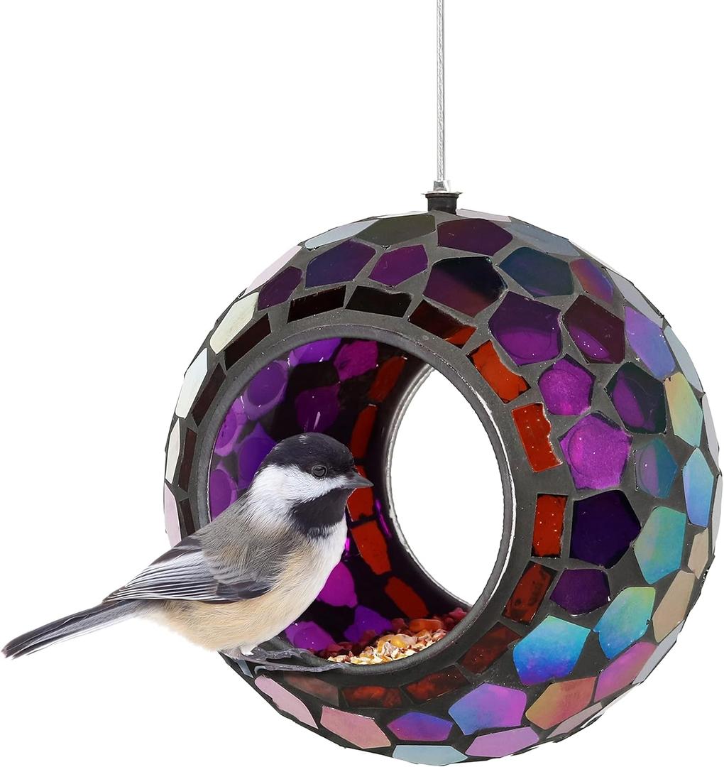 Sunnydaze 6-Inch Glass Mosaic Hanging Bird Feeder for Outdoors - Fly-Through Wild Bird Feeder - Purple