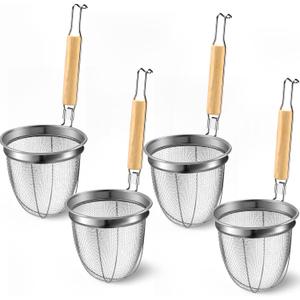 Patelai 4 Pcs Pasta Strainer Basket 5.5"x5.5" Stainless Steel Noodle Strainer with Wood Handle Kitchen Round Base Mesh Spider Basket Skimmer Food for Pasta, Ramen, Dumplings, and Deep-fried Foods