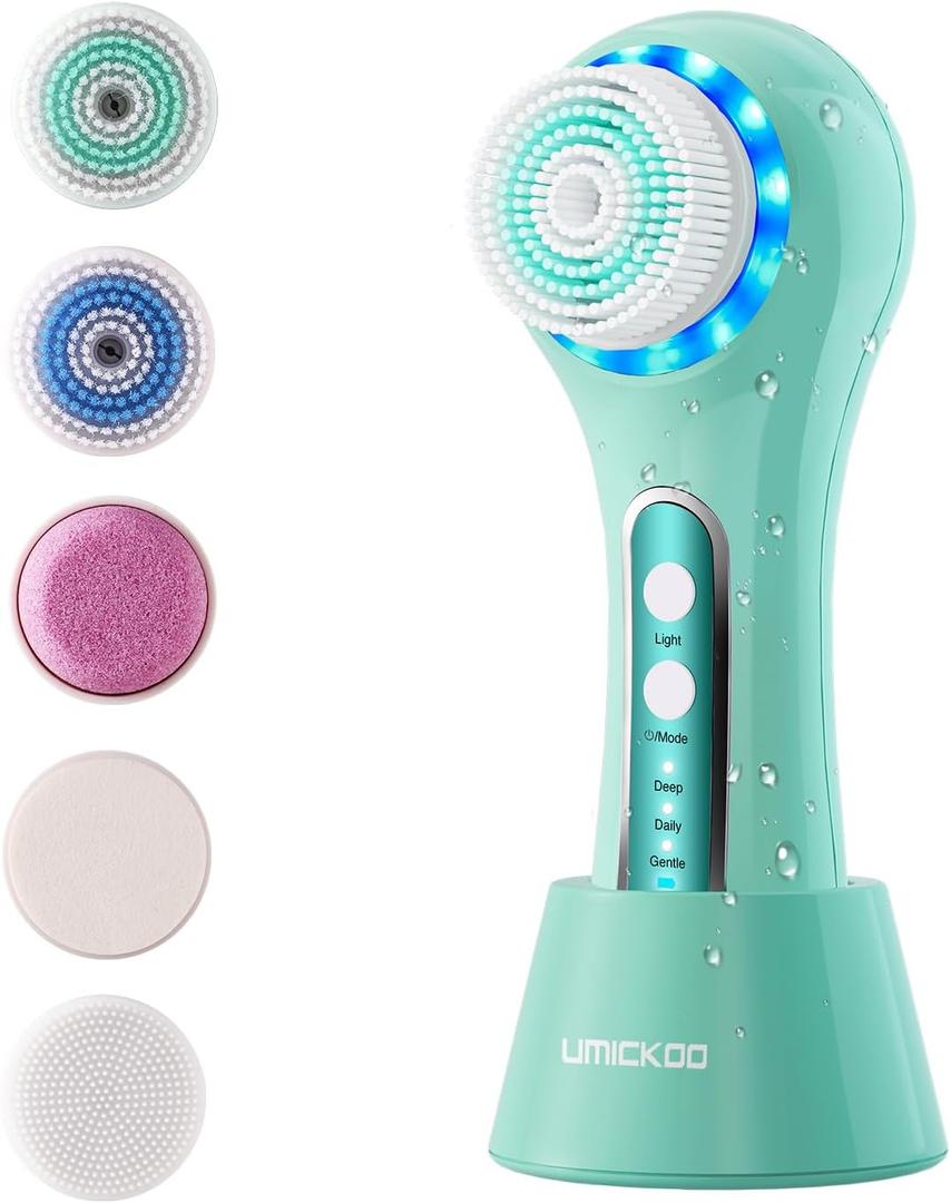 UMICKOO Electric Facial Cleansing Brush, 2-Way Rotating Face Scrubber for Daily & Deep Cleaning, 3 Modes, 5 Brush Heads, Rechargeable, IPX7 Waterproof for All Skin Types
