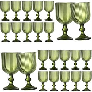 24 Pcs Green Vintage Wine Glasses, 11 Ounces Colored Glass Water Goblets, Unique Embossed Pattern High Clear Stemmed Glassware Wedding Party Bar Glass Drinking Cups Fancy Glasses Vertical Line Set, Set of 24