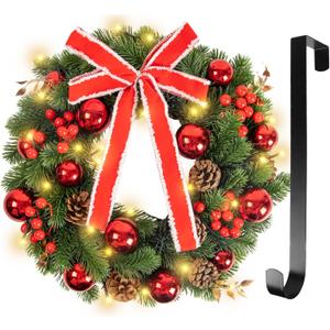 Fohil 16 Inch Christmas Wreath with 30 LED Lights, 8 Modes Pre-lit Christmas Wreath with Pine Cones, Red Berries, Metal Hanger, Battery Operated Xmas Wreath for Front Door Wall Xmas Decorations