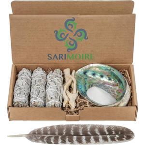 Sage Smudge Kit - White Sage Smudge Sticks - 4in ~ Abalone Shell 5-6in ~ 2in Tripod Stand ~ 9-12in Feather and White Sand