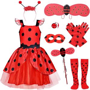 Girls Lady Bug Dress Costume Polka Dots Dress Halloween Dress Up Pretend Play Birthday Gifts for Kids 3-10 (140(7-8Y))