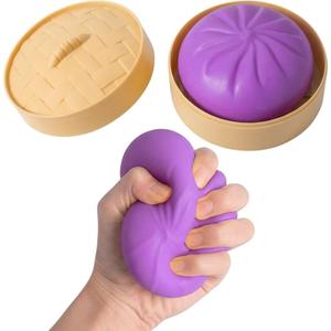 Dumpling Squishy Mystery Box Realistic Dumpling Squishy with Steamer Basket, Sensory Fidget for Adults & Teens, Big Stress Relief Ball, Easter Basket Stuffers & Sensory Gift (Purple)