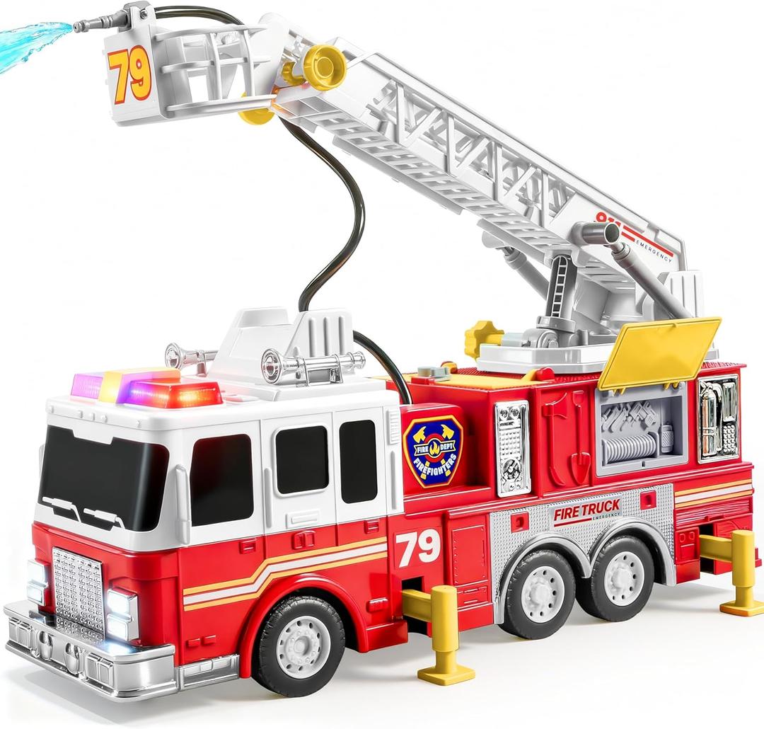 JOYIN Extra Large Toddler Fire Truck Toys for Boys with 33-inch Ladder, Lights & Sprinkler Pump, Big Emergency Vehicle, Kids Toys for Age 3, 4, 5, 6, 7, Christmas Birthday Gift for Grandkids