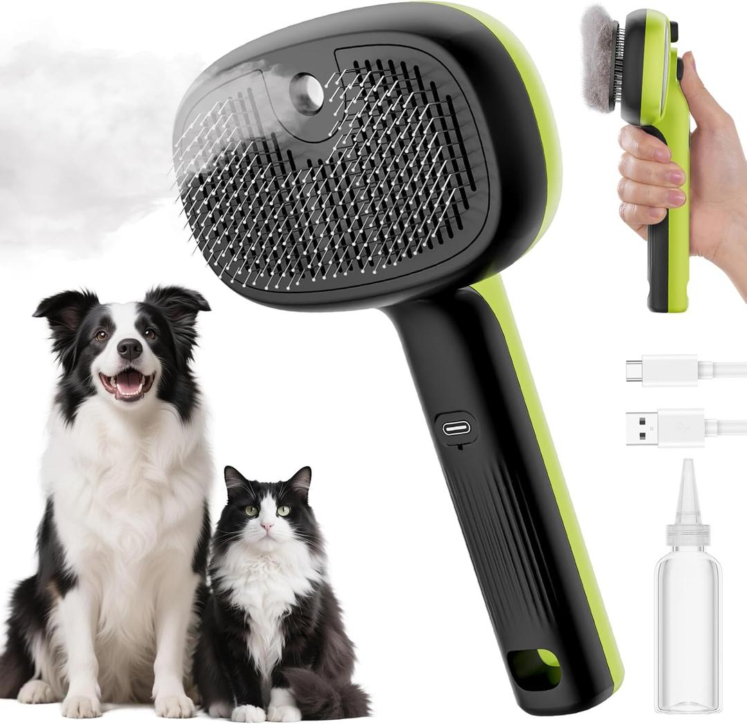 Pecute Cat Steam Brush, Self-Cleaning Steam Cat Brush with 2 Water Spray Modes, Large Capacity Tank, Steaming Renu Dog Brush for Shedding Massaging Grooming, Cool Mist Only, Green