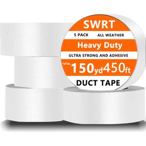 SWRT 5-Pack White Duct Tape, Strong Adhesive, 2 Inch x 150 Yd Total, Heavy Duty Waterproof All Weather, No Residue Sealing & Patching for Indoor & Outdoor Repair