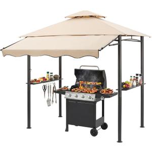 CHARMELEON 8x8 FT Grill Gazebo, Grill Canopy with Big Awning&2 Side Shelves&6 Hooks&Bottle Opener, Powder-Coated Steel BBQ Shelter for Patio Backyard Outdoor Grilling-Beige