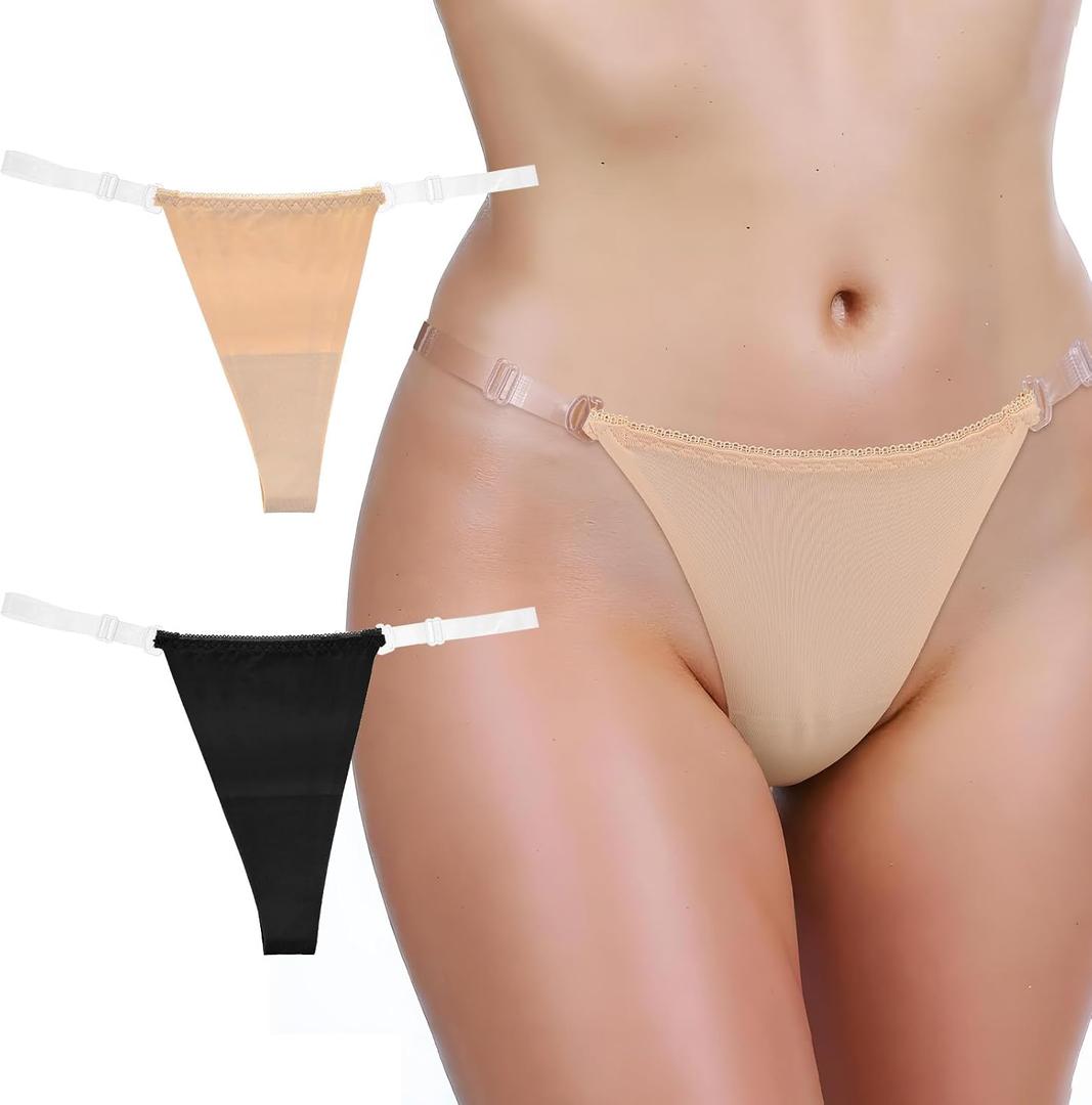 2 Piece Cotton G String Thongs For Women Clear Strap No Show Womens G-String Underwear Thong Invisible Stretch Panties Sexy, Size:M