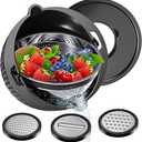 E-far Colander with Mixing Bowl Set, 4-1 Stainless Steel Colander Strainers Bowl with Graters for Kitchen, Rotatable Food Strainer Bowl for Rinsing Fruits Vegetables/Draining Pasta - Black